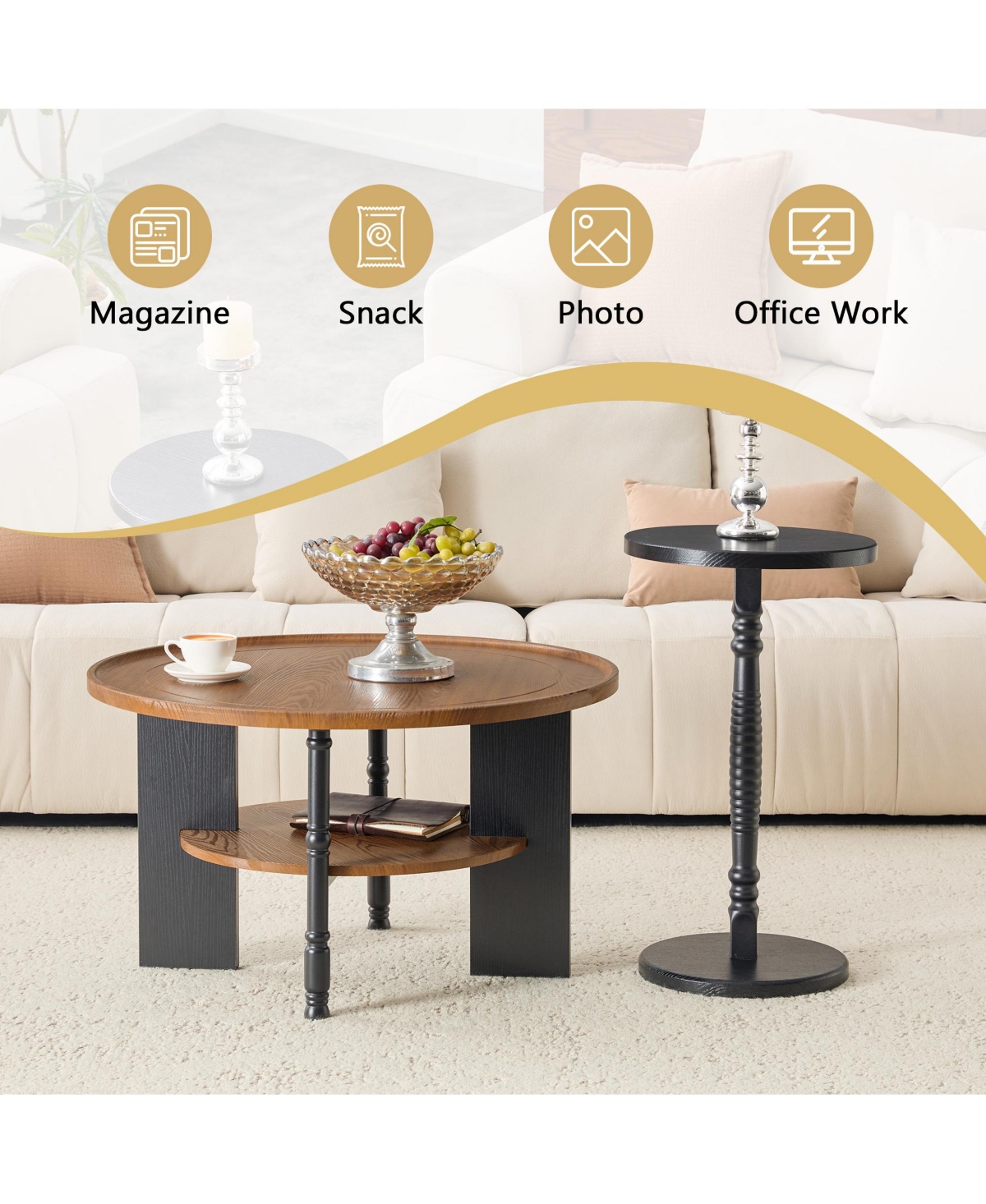 Rainsken 2-Piece Round Coffee Table and Side Table Set - 31.5" Retro Center Table with Open Storage Shelf and 15" Side Table for Living Room, Office