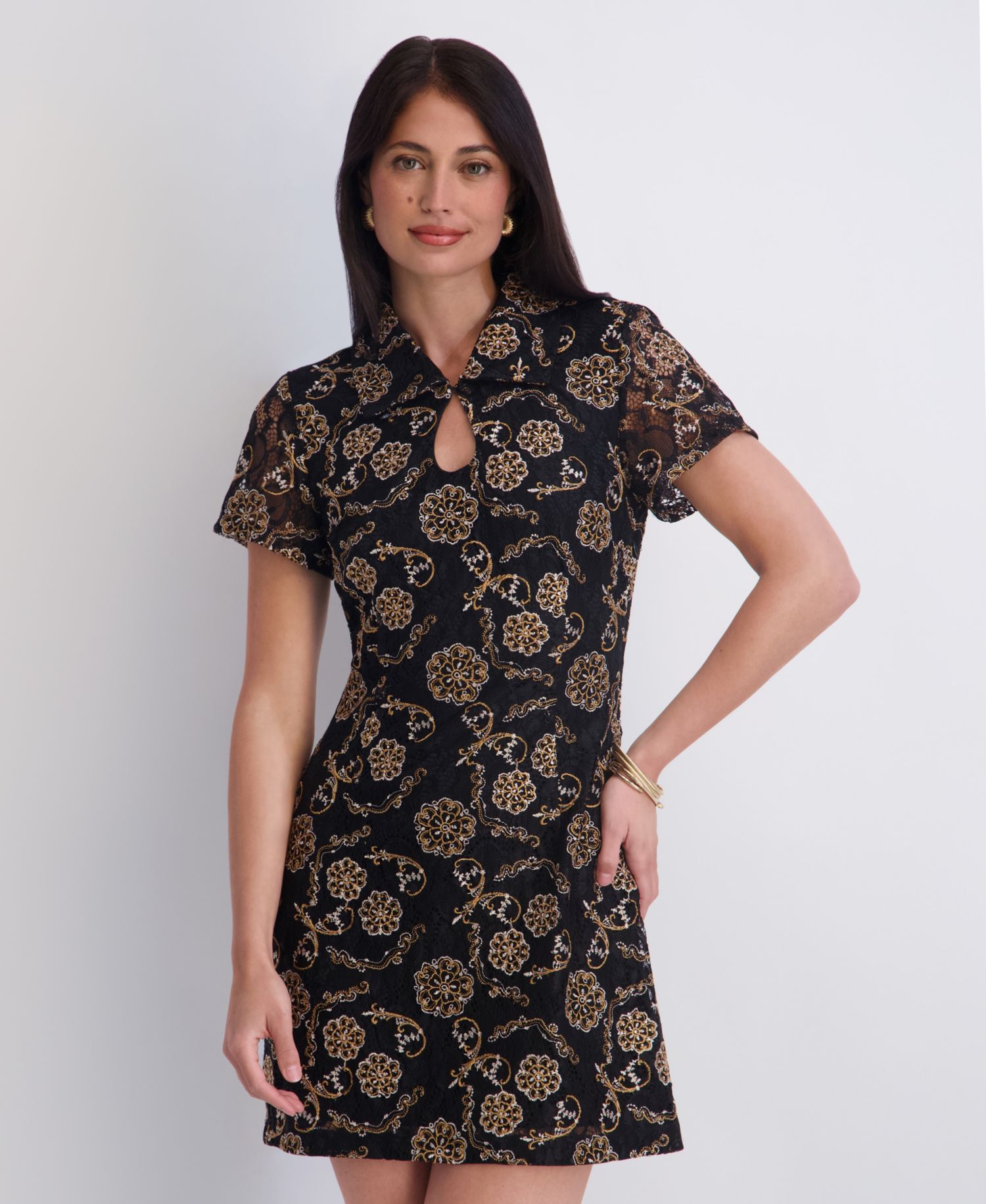Women's Embroidered Stretch Lace Short-Sleeve Keyhole Dress