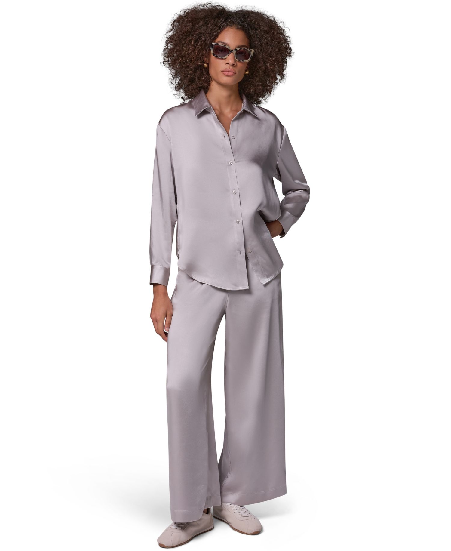 Women's Satin Long-Sleeve Button-Down Blouse