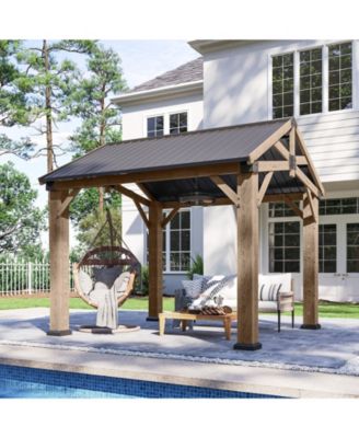 Cedar Wood Hardtop Gazebo, Wooden Pavilion with Galvanized Steel Gable Roof for Deck Garden Patio
