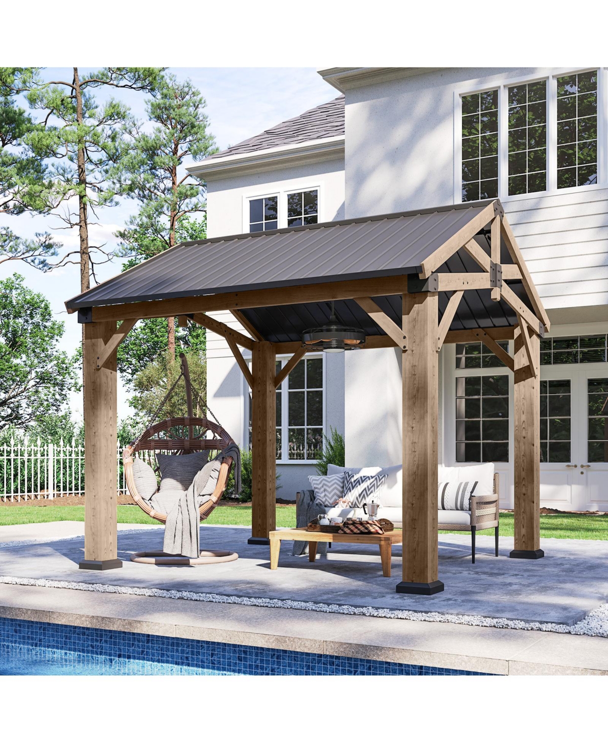 Cedar Wood Hardtop Gazebo, Wooden Pavilion with Galvanized Steel Gable Roof for Deck Garden Patio