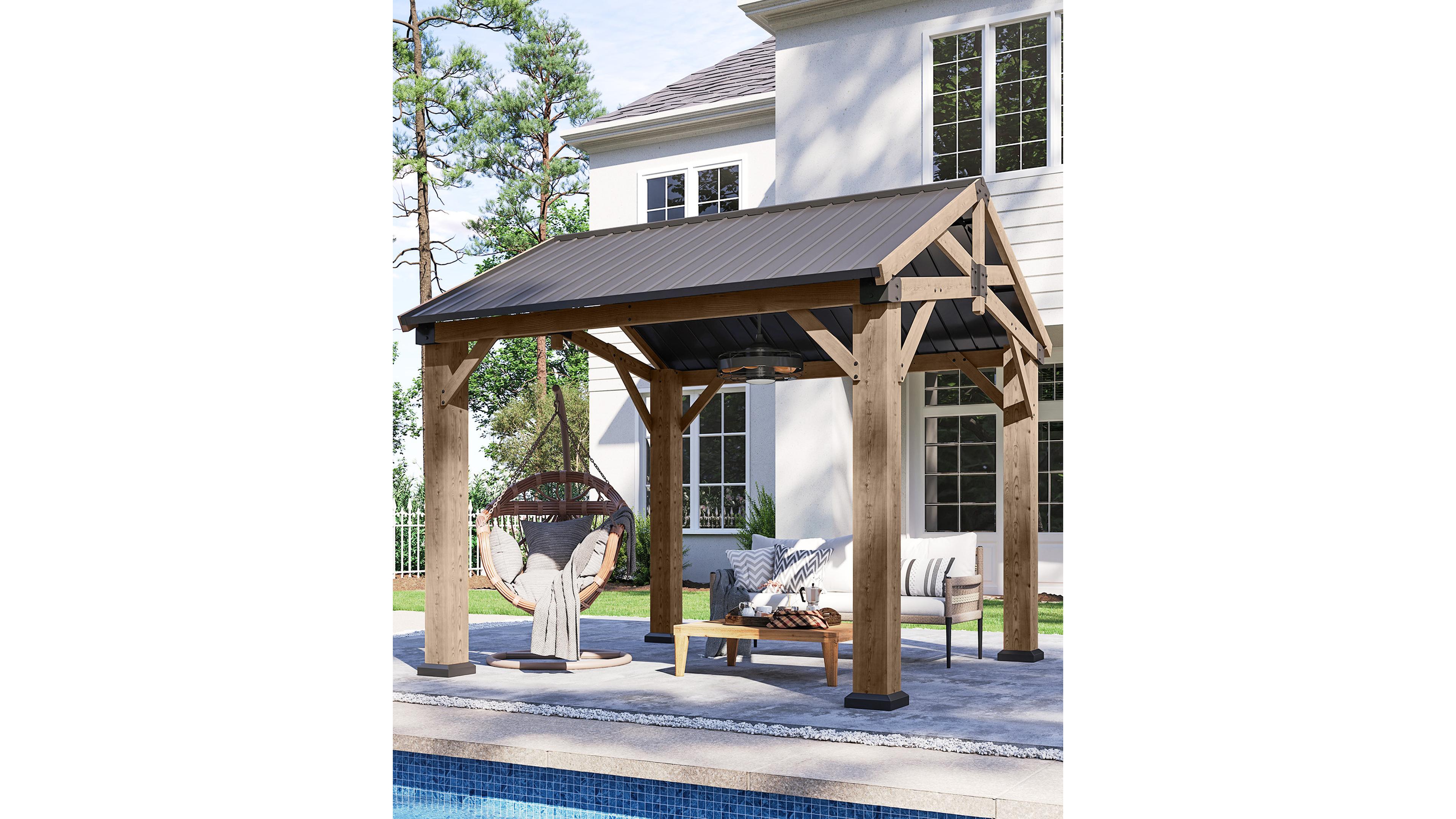 Cedar Wood Hardtop Gazebo, Wooden Pavilion with Galvanized Steel Gable Roof for Deck Garden Patio