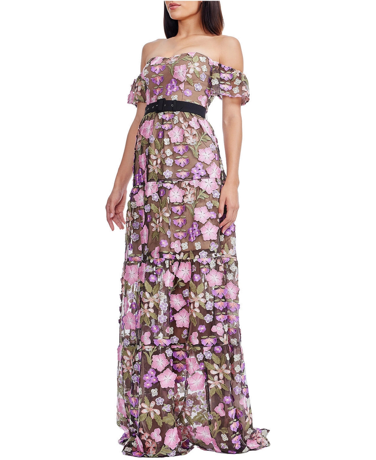 Dress The Population Women's Lara Off-the-Shoulder Sweetheart 3D Floral Embroidered Tiered Gown