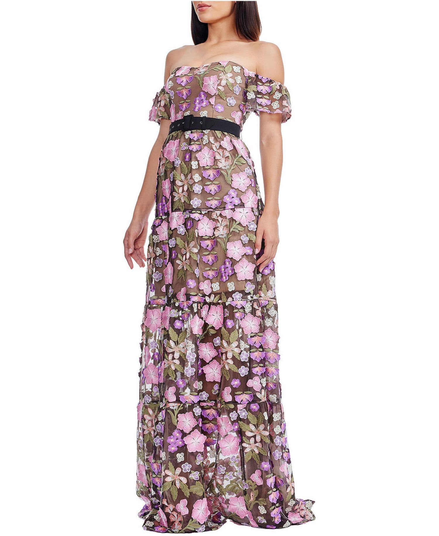 Women's Lara Off-the-Shoulder Sweetheart 3D Floral Embroidered Tiered Gown