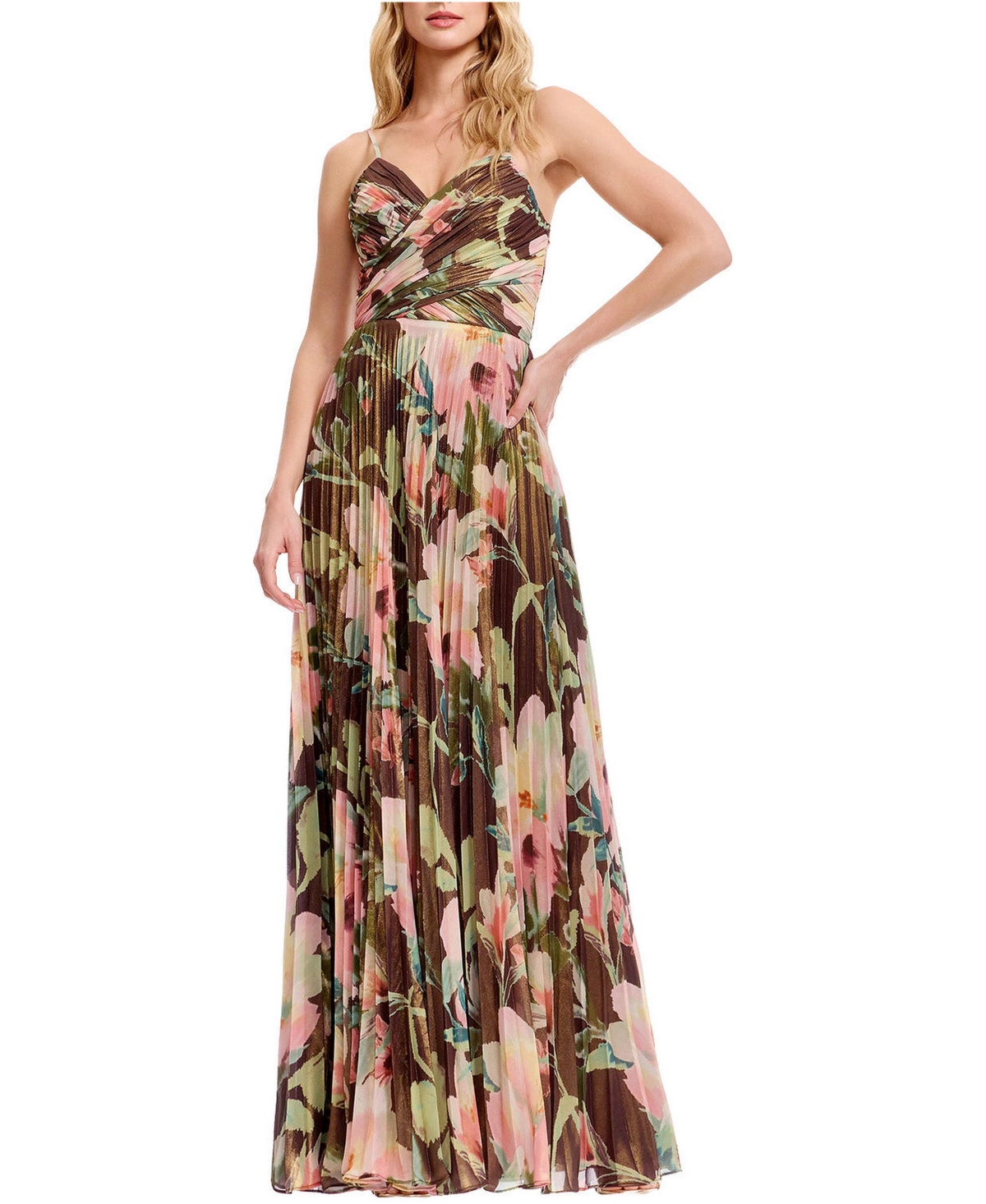 Dress The Population Women's Floral Pleated V-Neck Gown