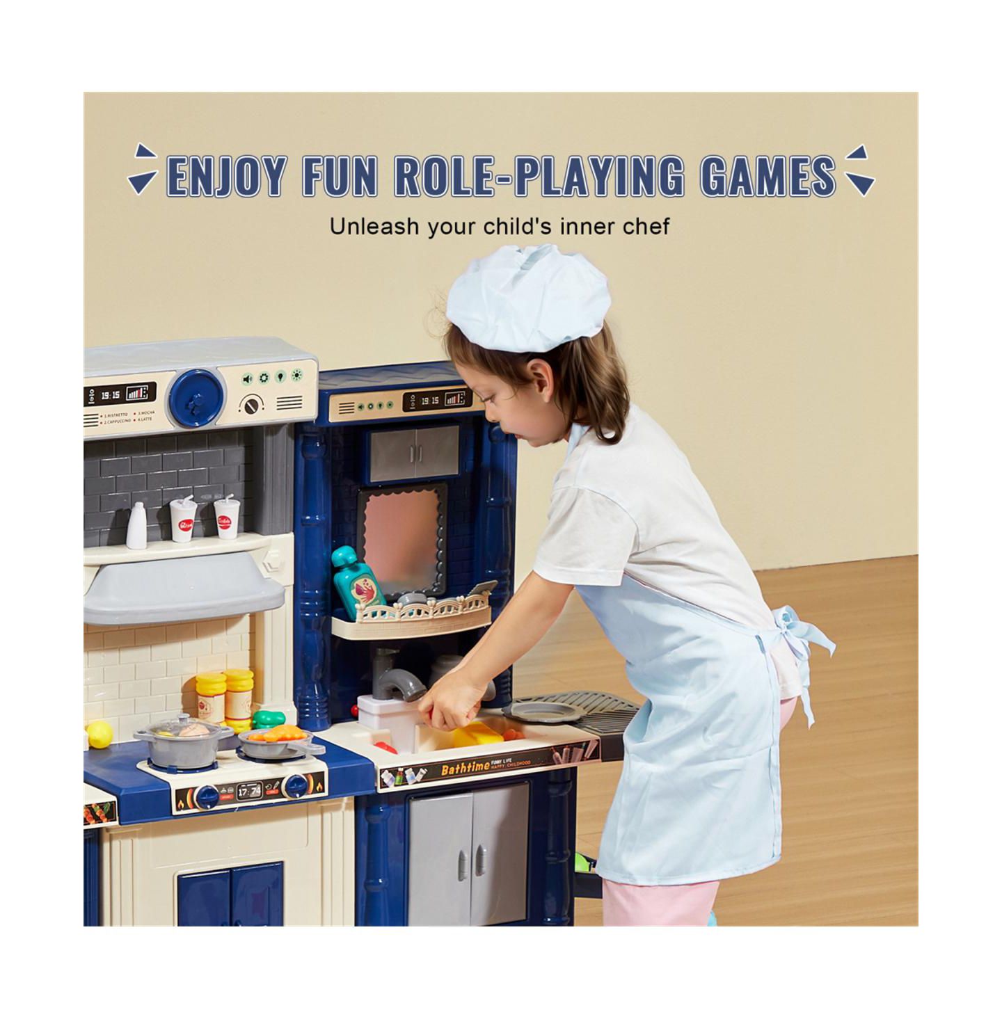 Детский игровой набор YOBTOP 3-in-1 Kids Kitchen Playset with 74 Accessories, Ages 3+, цвет: Синий — фото 5