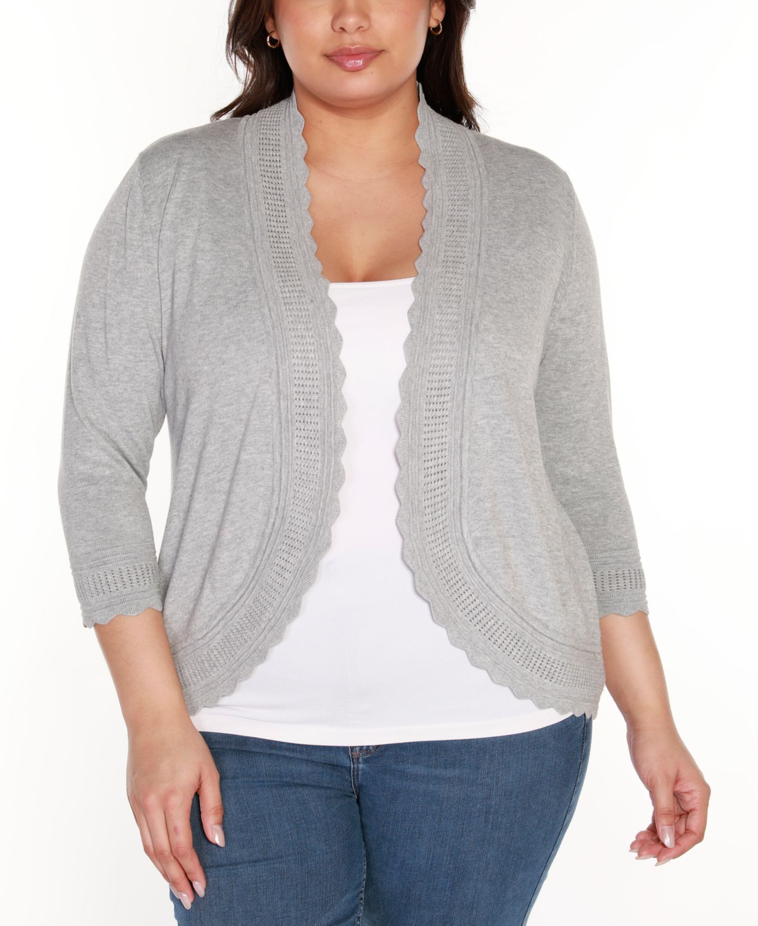 Plus Size 3/4-Sleeve Scalloped-Edge Cardigan