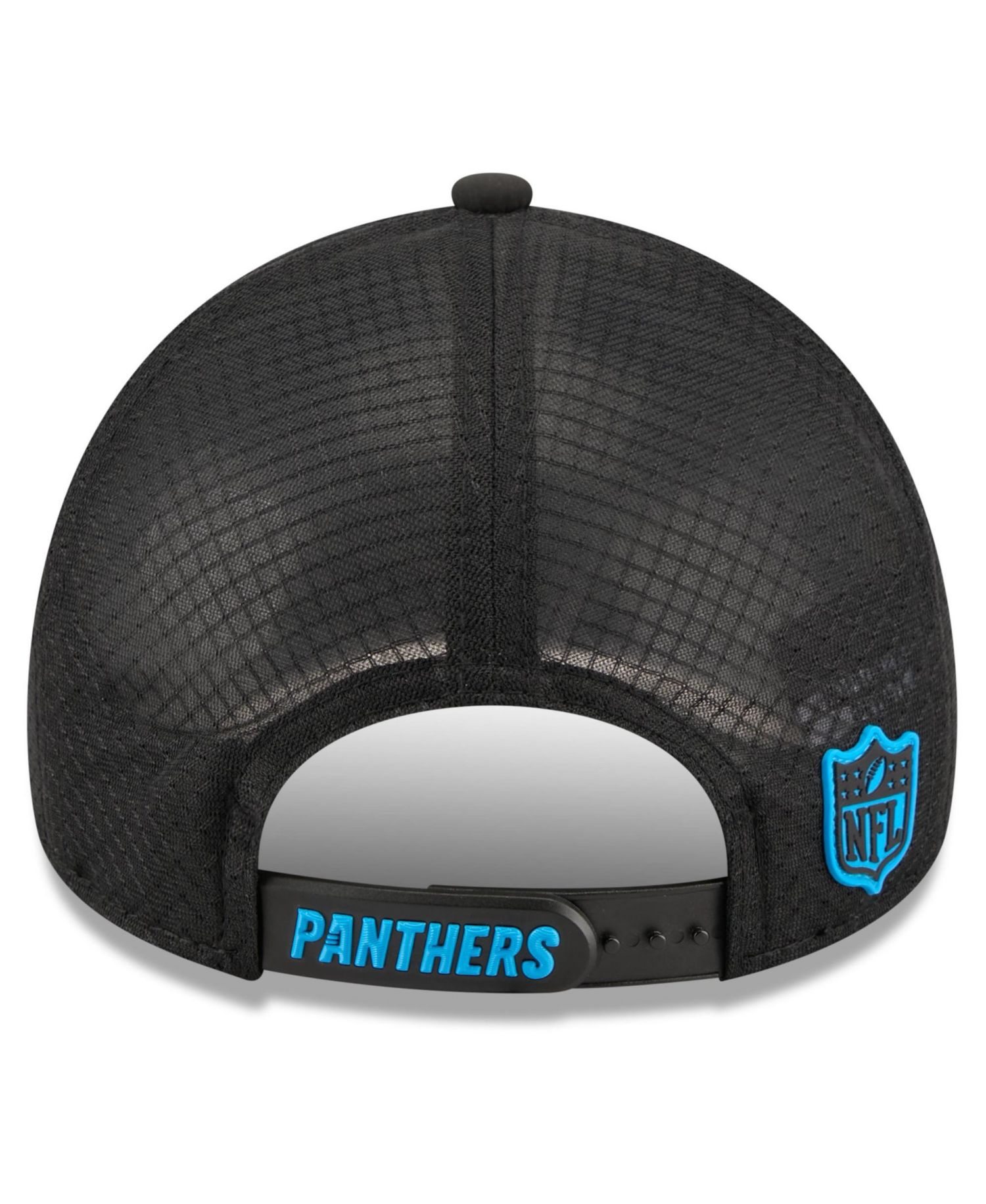 Men's Black Carolina Panthers 2026 Sideline Apex 9FORTY Adjustable Trucker Hat