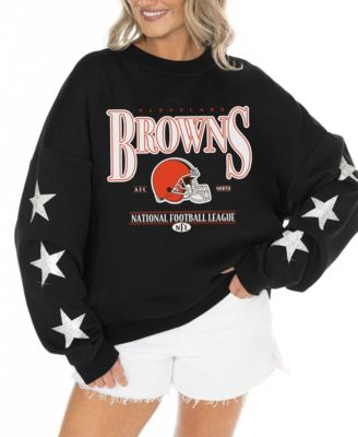 Women's Black Cleveland Browns Rhinestone Star Sleeve Settle the Score Oversized Pullover Sweatshirt