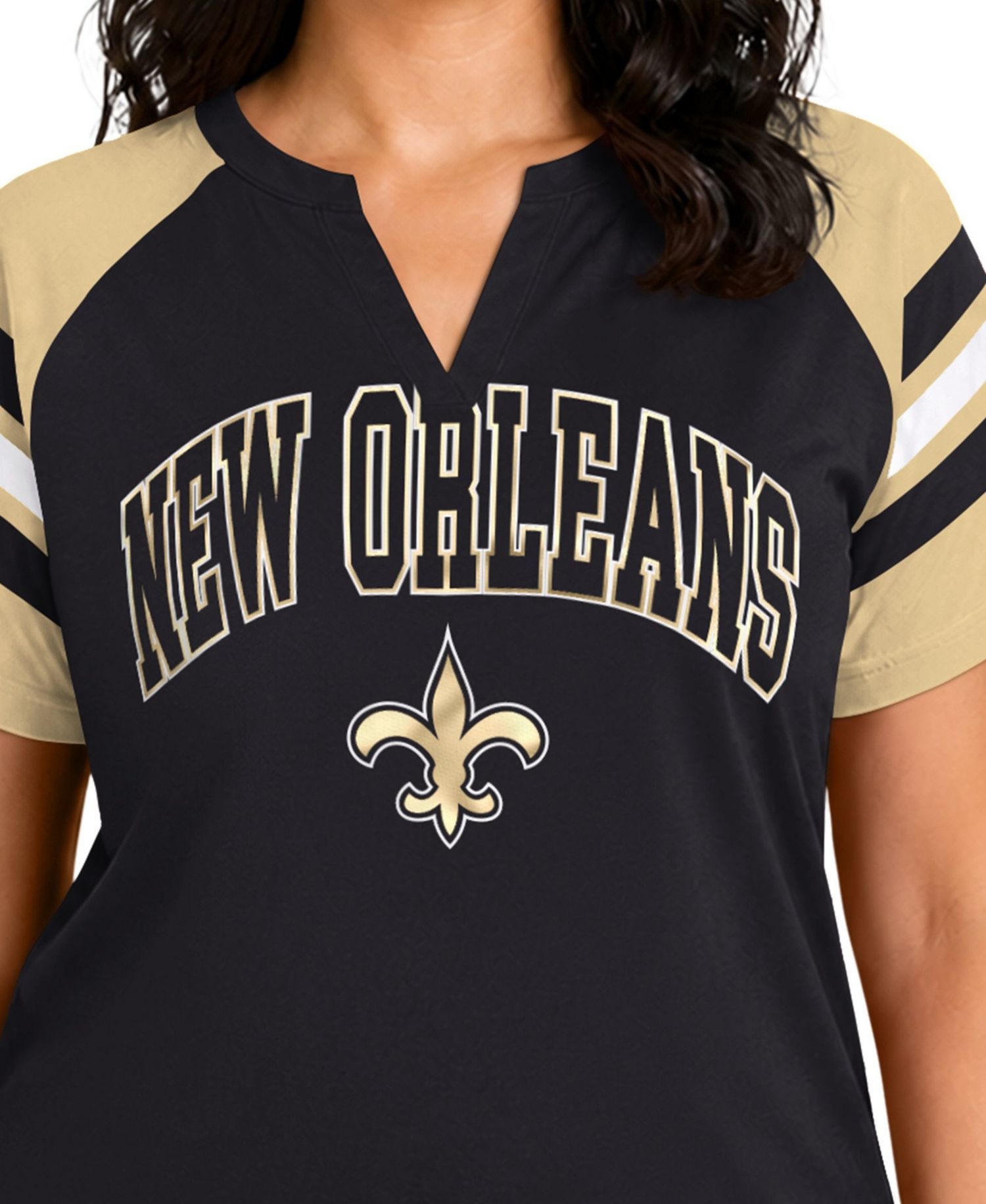 Women's Black New Orleans Saints Plus Size Game On Notch Neck Raglan T-Shirt
