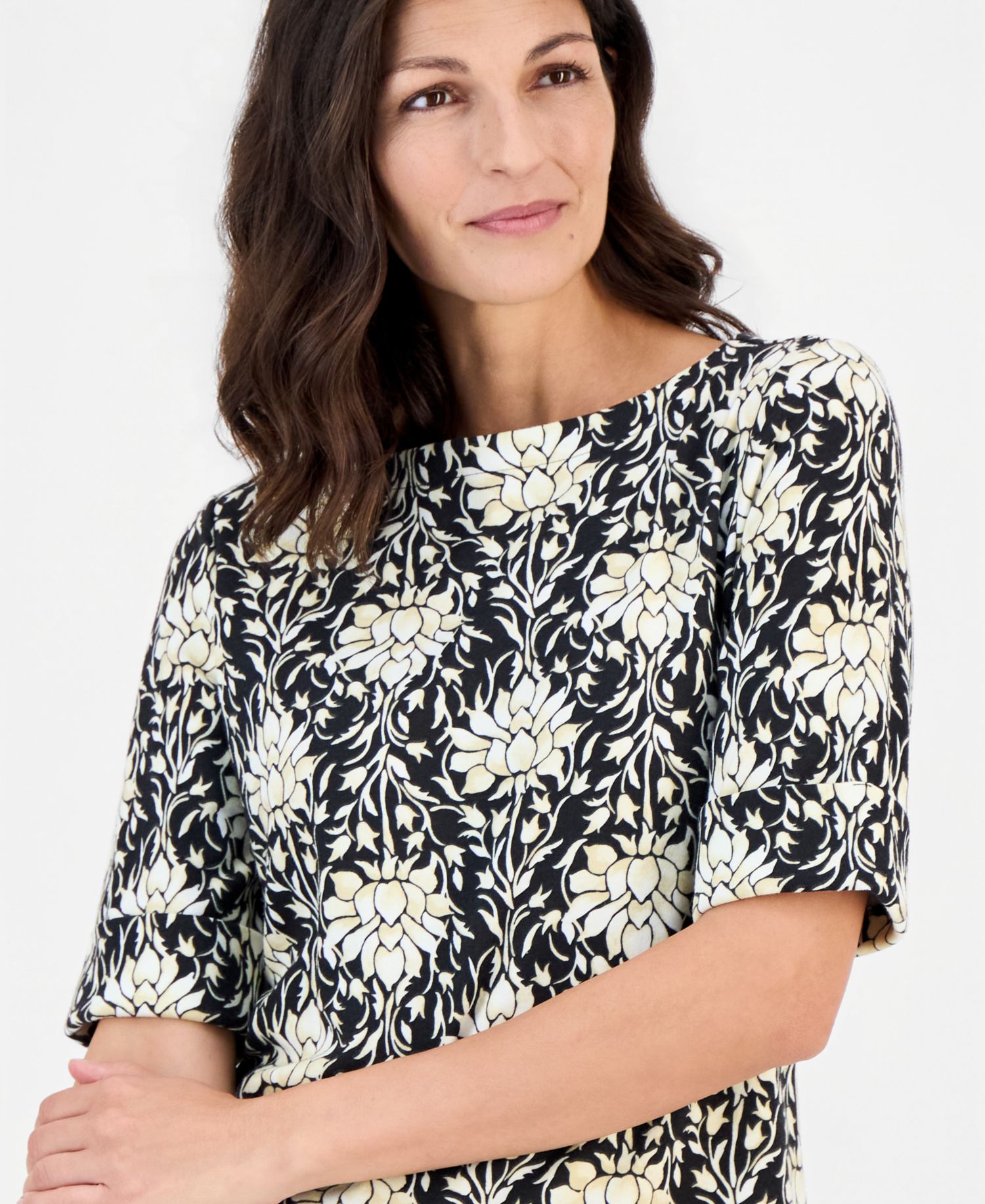Printed Women's Boat-Neck Elbow-Sleeve Top