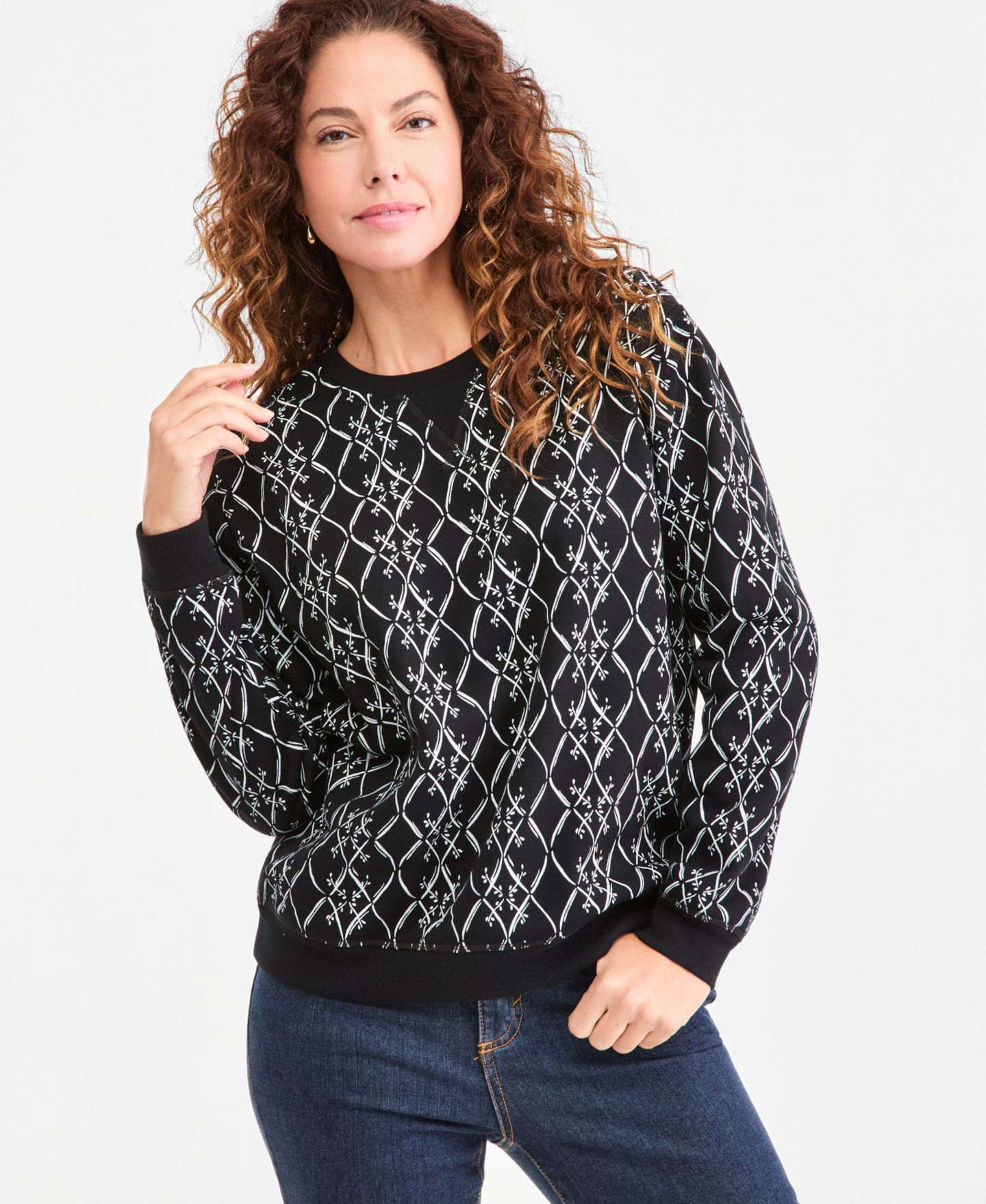 Женская толстовка Style & Co Printed Long-Sleeve Crewneck, цвет: Глубокий чёрный — фото 1