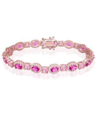 Simulated Pink Sapphire, Pink Cubic Zirconia and Cubic Zirconia Halo Laydown Bracelet