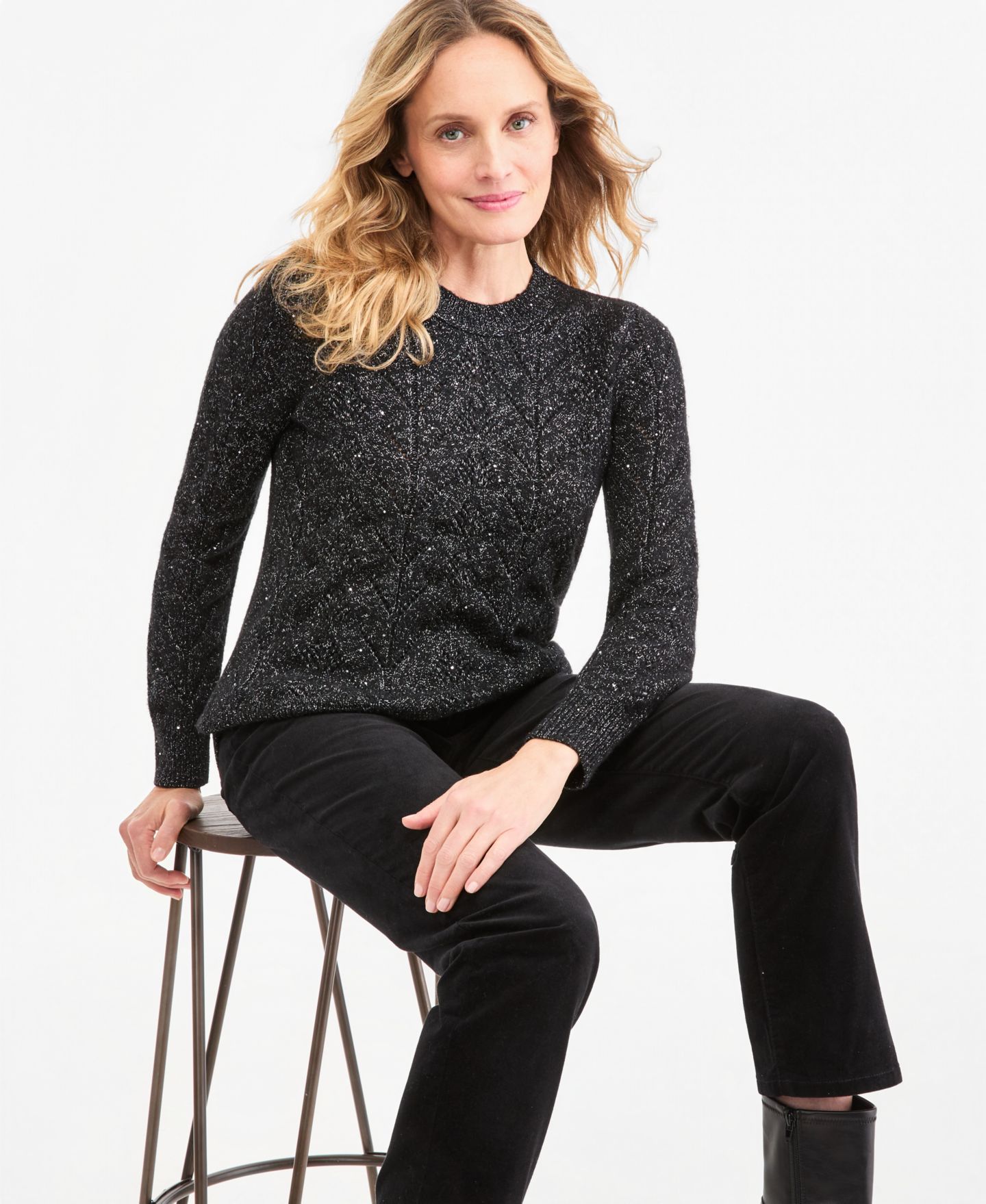 Женский свитер Style & Co Shine Pointelle Crewneck, цвет: Глубокий чёрный — фото 1