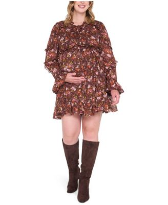 Women's Motherhood Long Sleeve Ruffle Mini Dress
