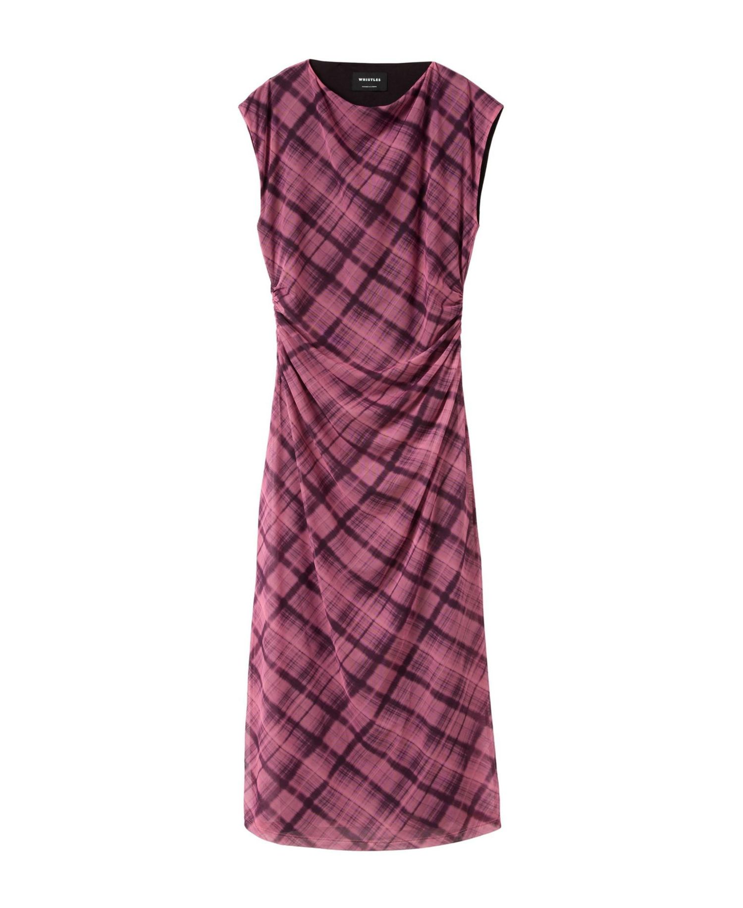 Women's Twist Check Mesh Ruched-Waist Sleeveless Midi Dress