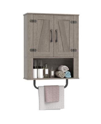 Bathroom Wall Cabinet with 2 Barn Doors and Metal Towel Bar Wooden Storage Cabinet