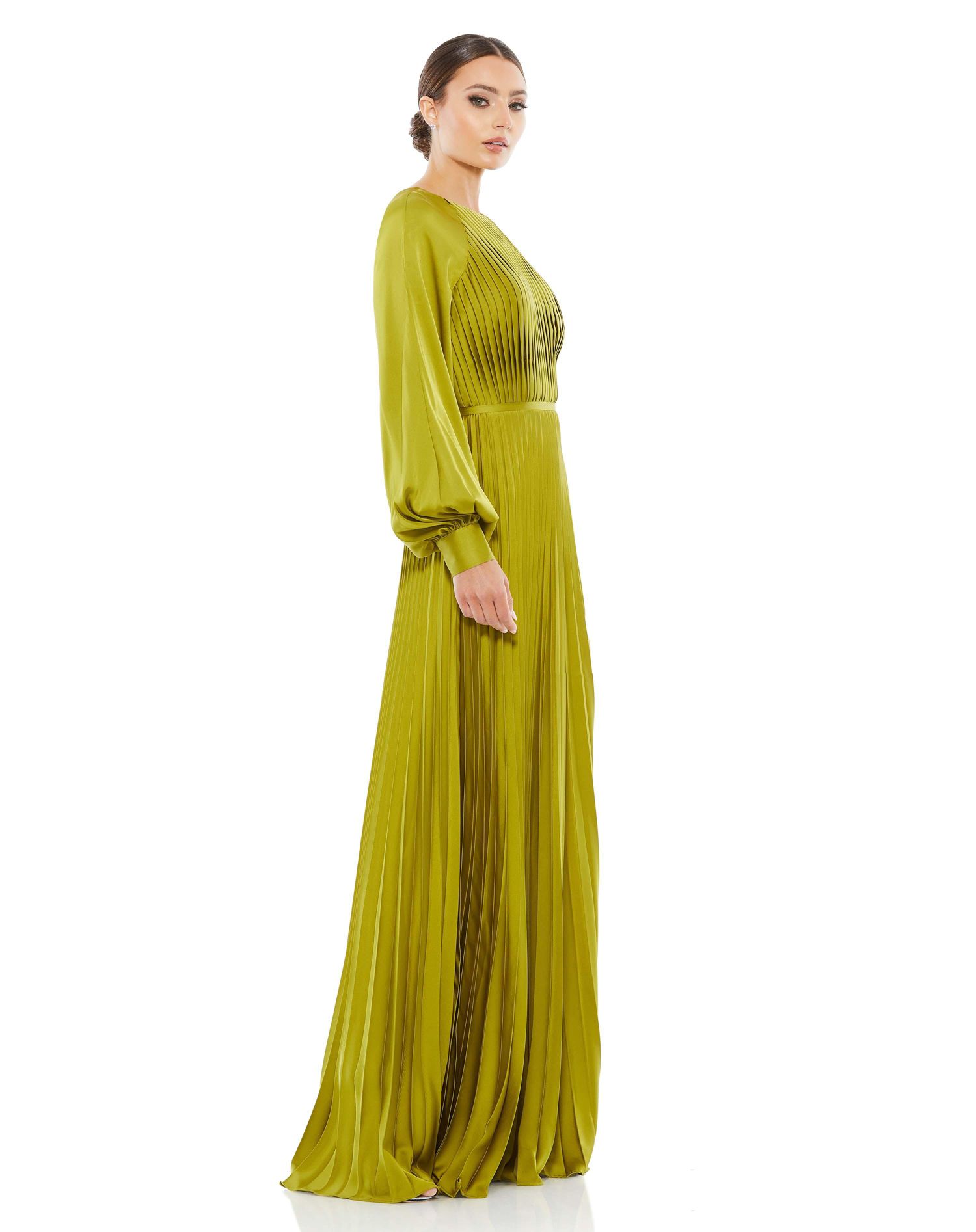 Women's Pleated High Neck Raglan Long Sleeve Side Slit Gown