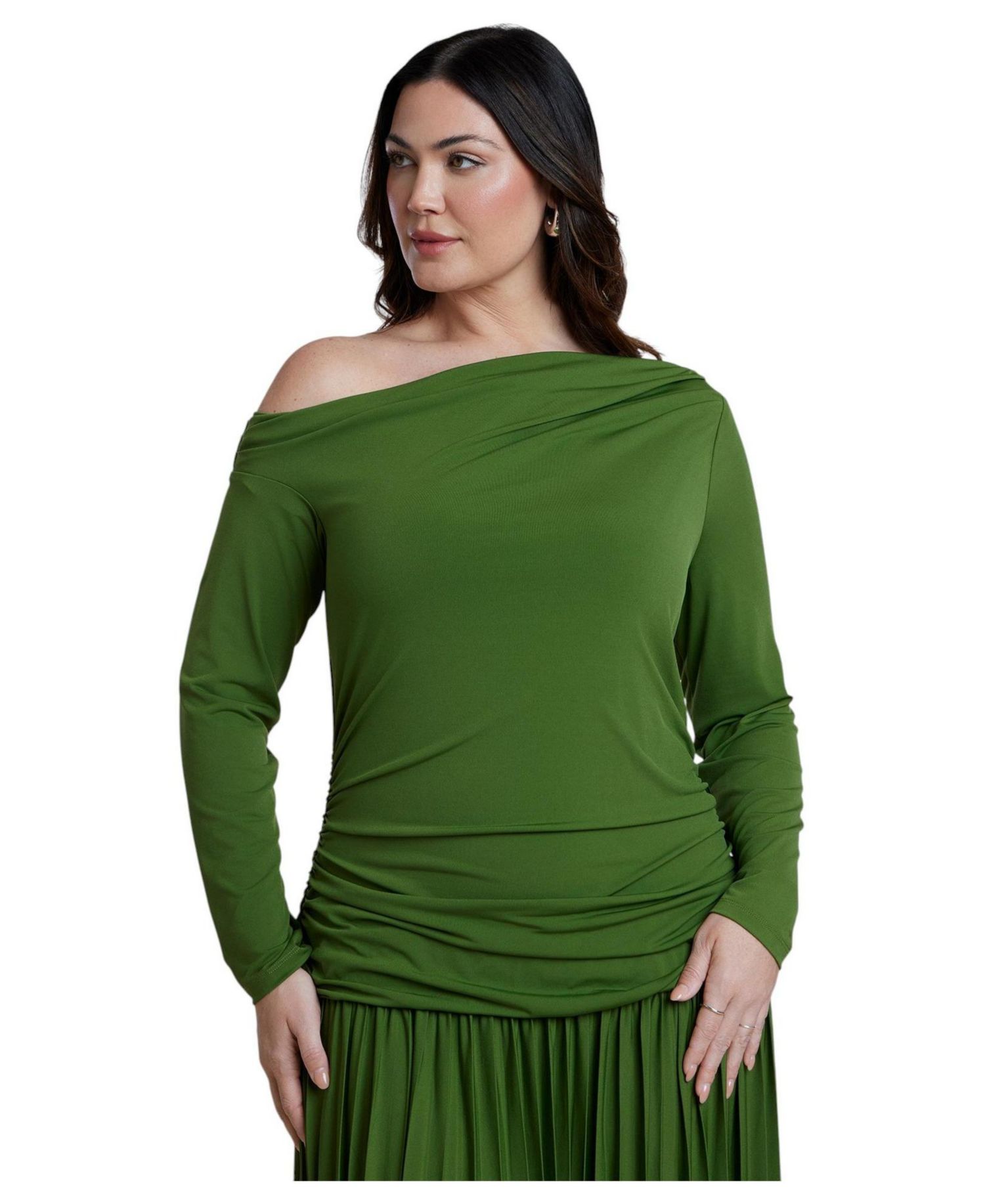 Plus Size Long-Sleeve Drop-Waist One-Shoulder Maxi Dress