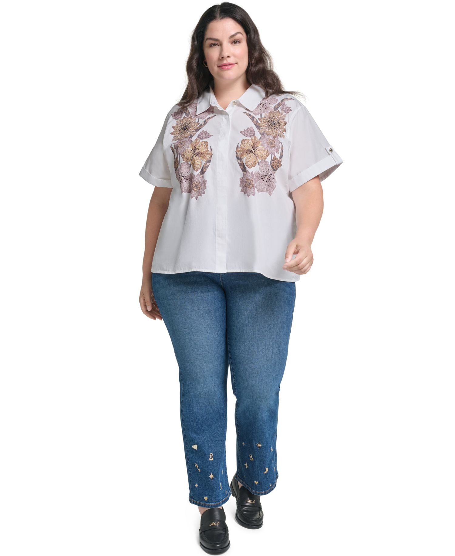 Plus Size Floral Short-Sleeve Collared Blouse
