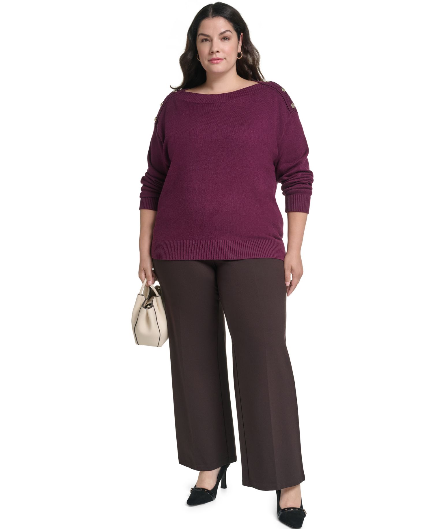 Plus Size Boatneck Button Shoulder Overlay Sweater