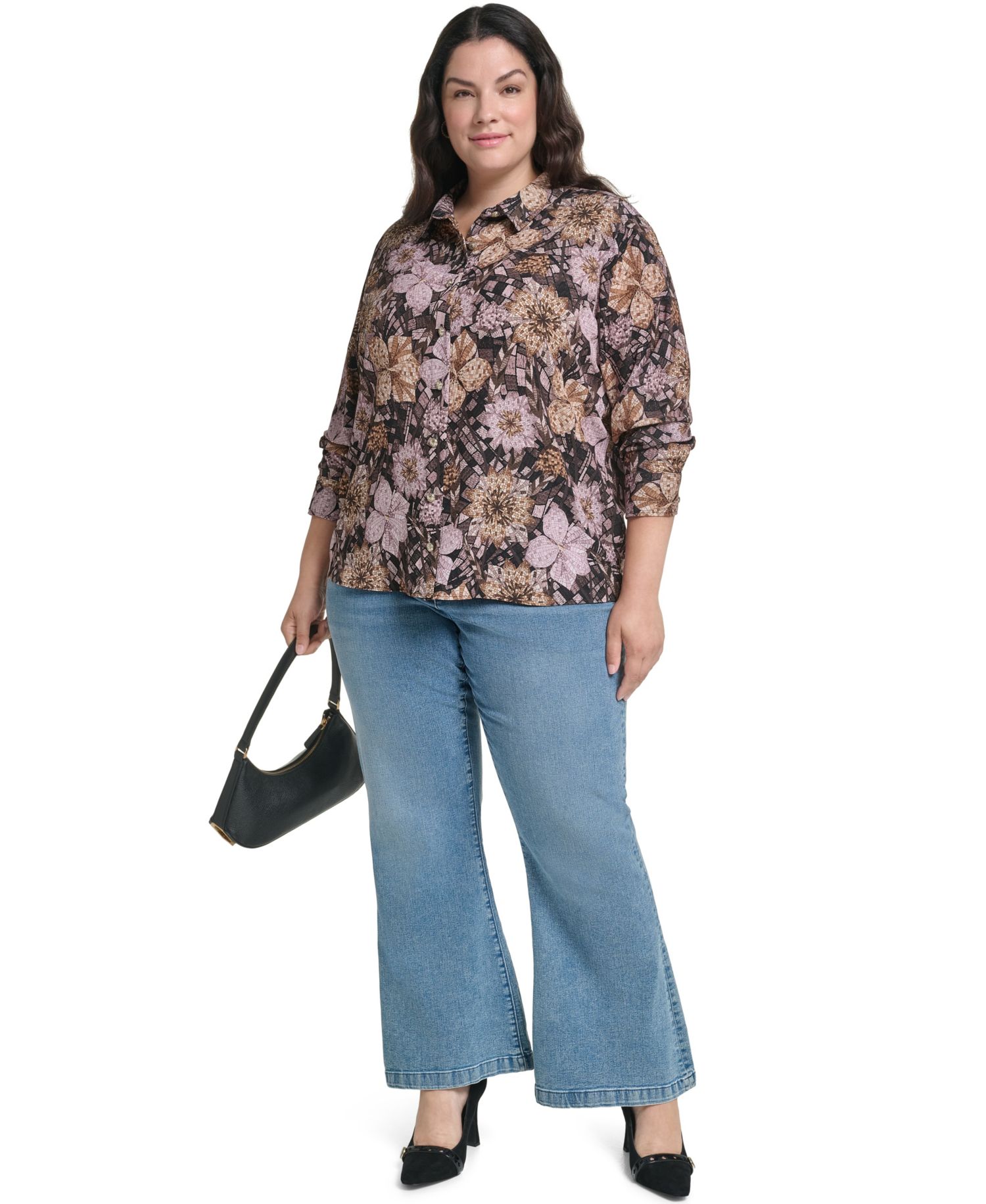 Plus Size Geo Floral Long-Sleeve Button-Up Woven Blouse