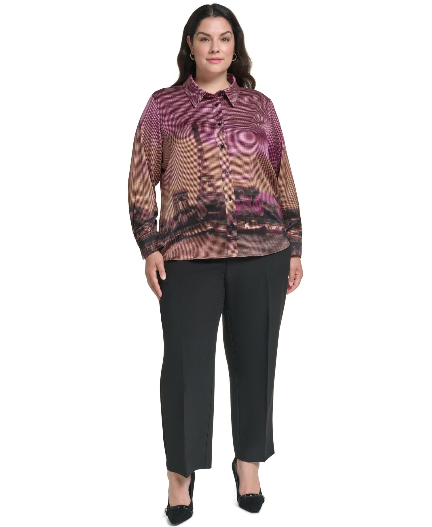Plus Size Button-Down Collared Long-Sleeve Blouse