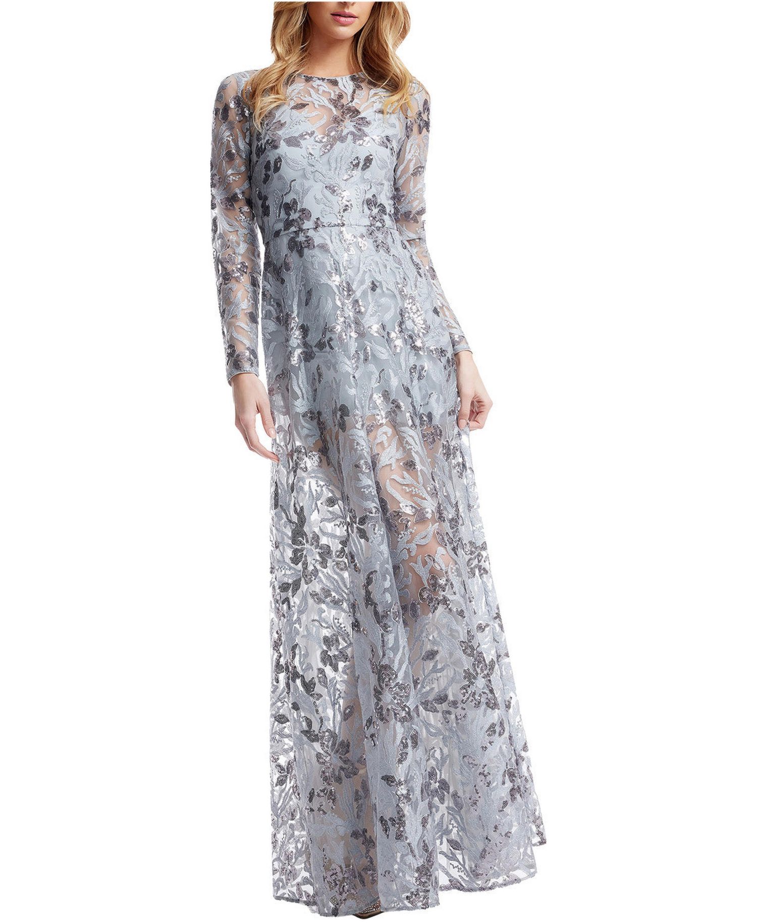 Women's Ava Long-Sleeve Floral-Sequin Gown