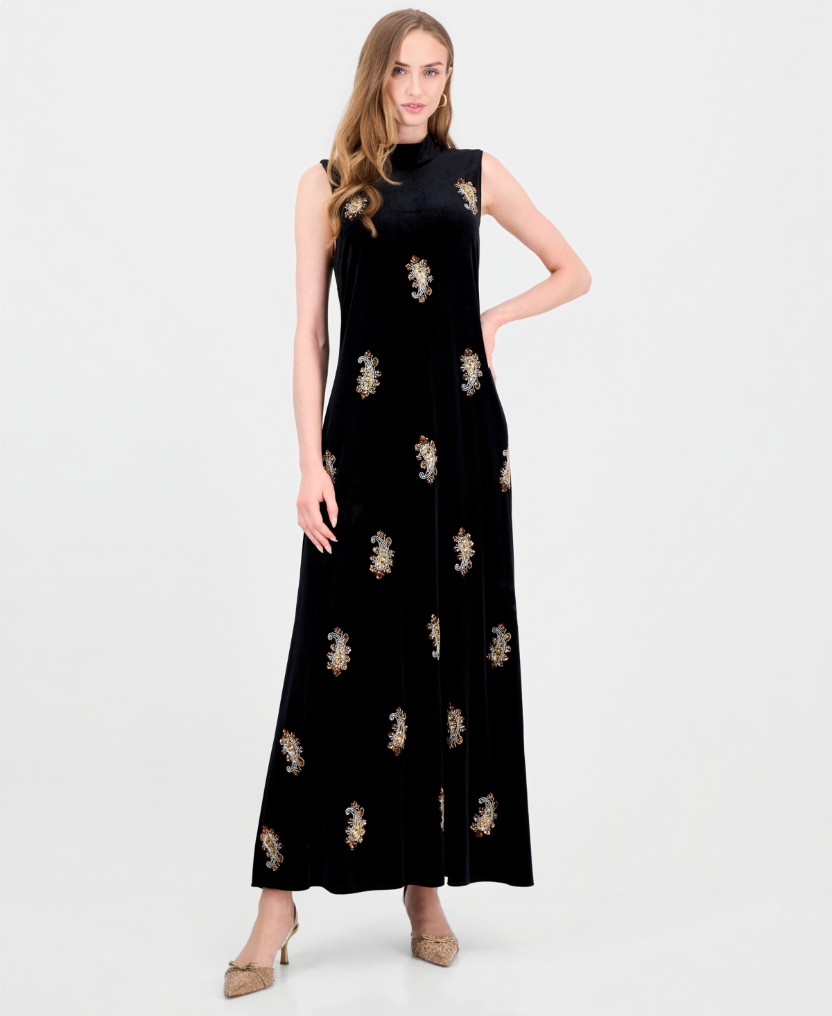 Elie Tahari Women's Vani Mock-Neck Embellished Velvet Maxi Dress