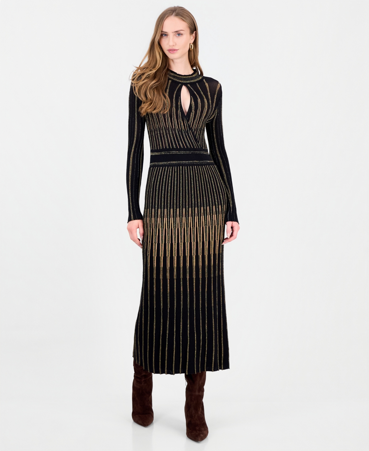 Elie Tahari Women's Alicia Lurex Metallic-Stripe Mock Neck Keyhole Sweater Dress