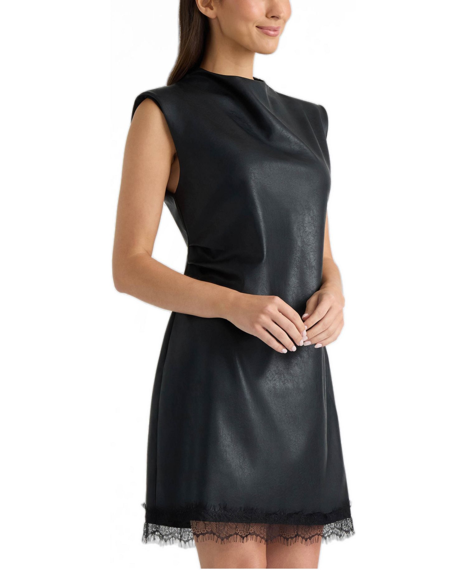 Women's Padded-Shoulder High-Neckline Lace-Trim Short Dress