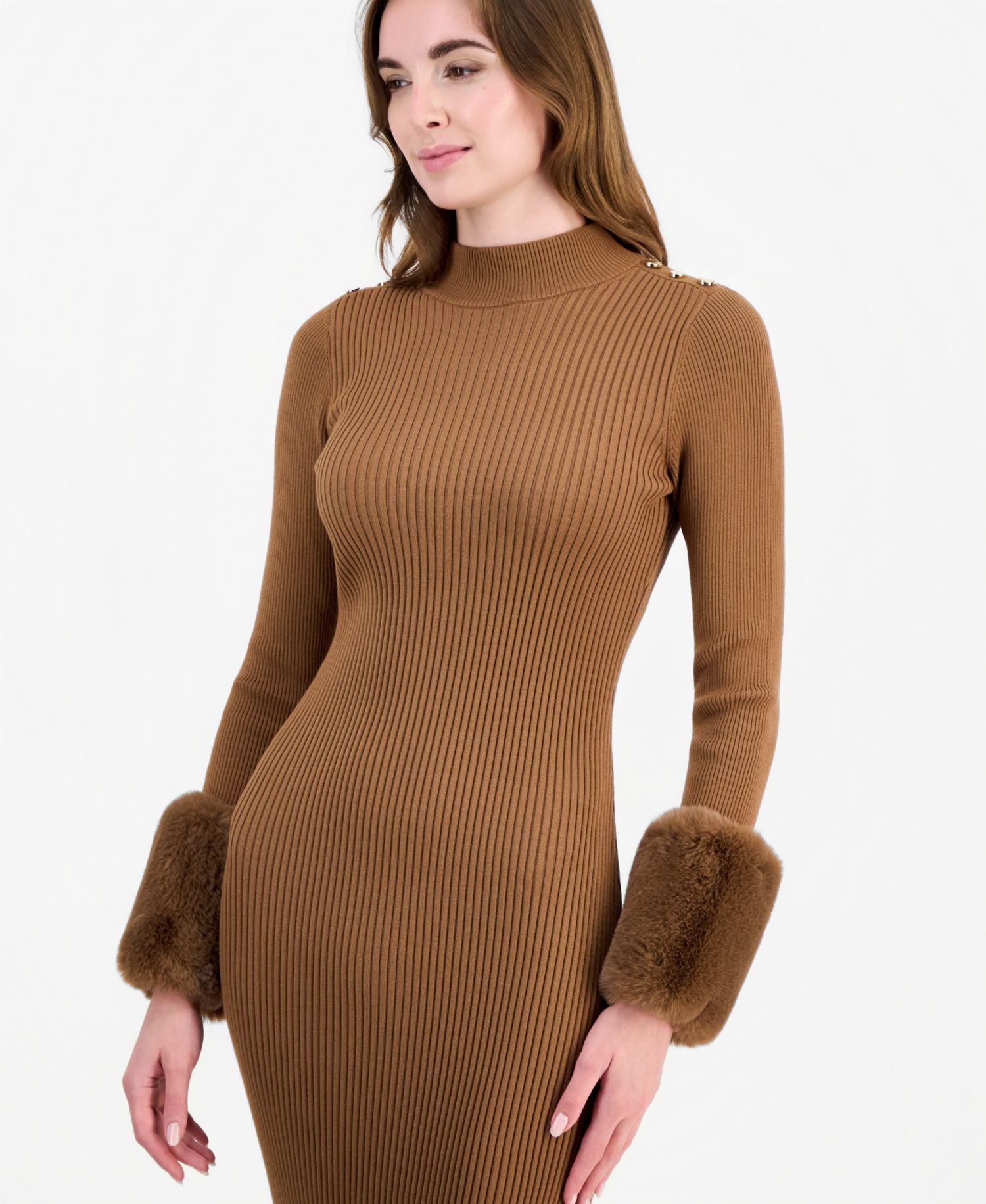 Women's Savannah Long-Sleeve Mock-Neck Faux-Fur-Cuff Midi Sweater Dress