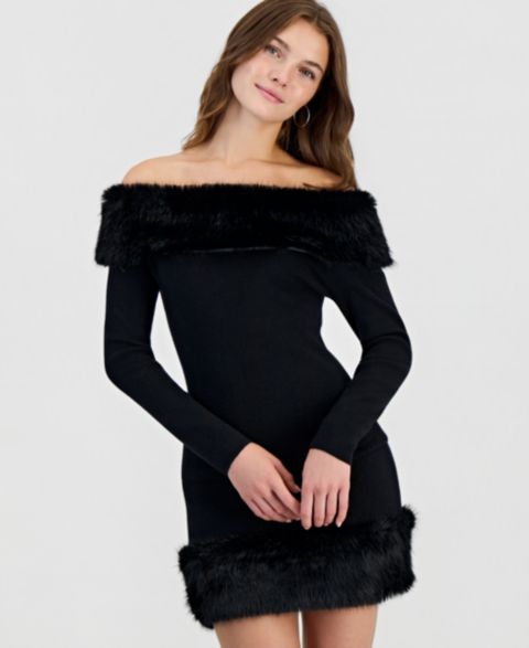 Женский свитер Madden Girl Juniors' Marilyn Faux Fur Off-the-Shoulder Pullover, цвет: Чёрный