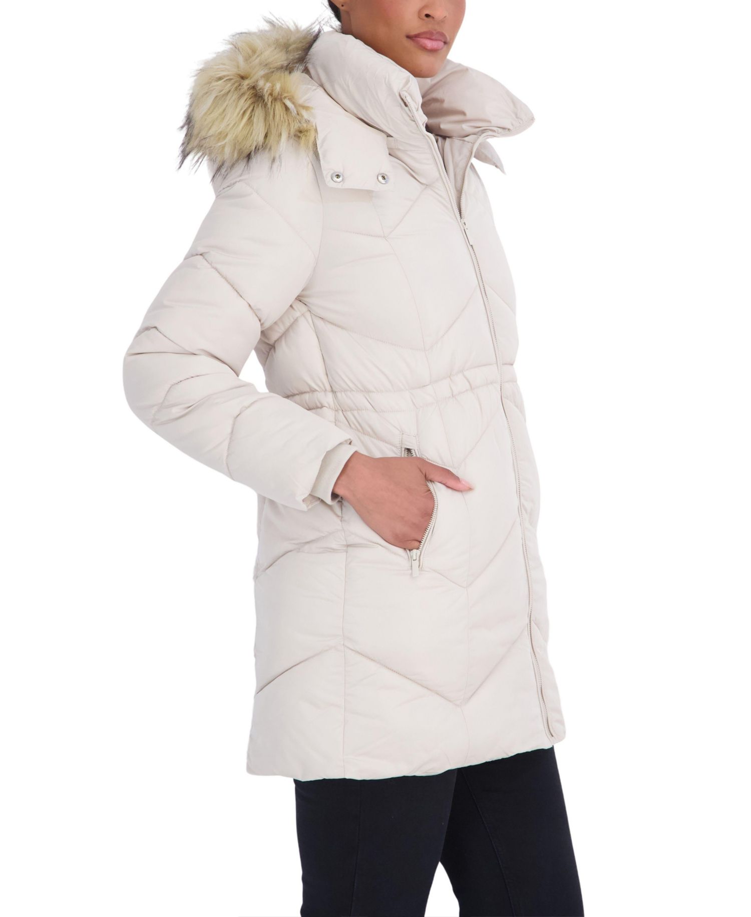 Women's 3/4 Hooded Faux Fur Trimmed Puffer Coat