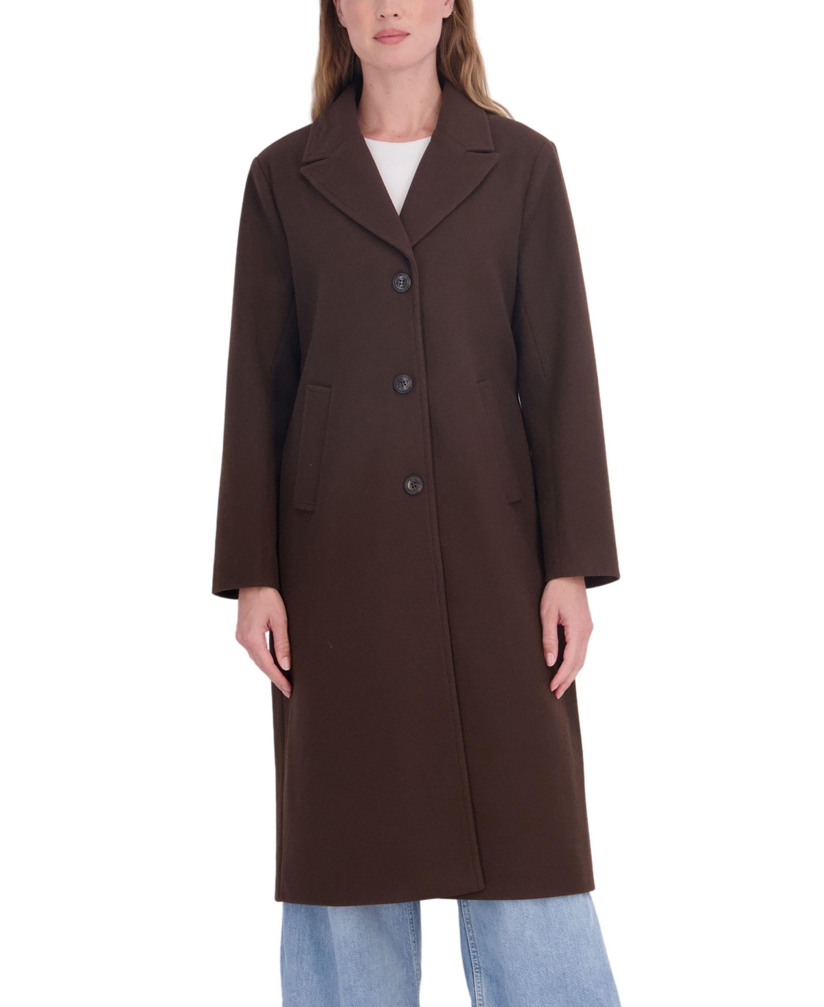 Sebby Collection Women's Long Faux Wool Single Breasted Back Inserted Belt Coat - Brown