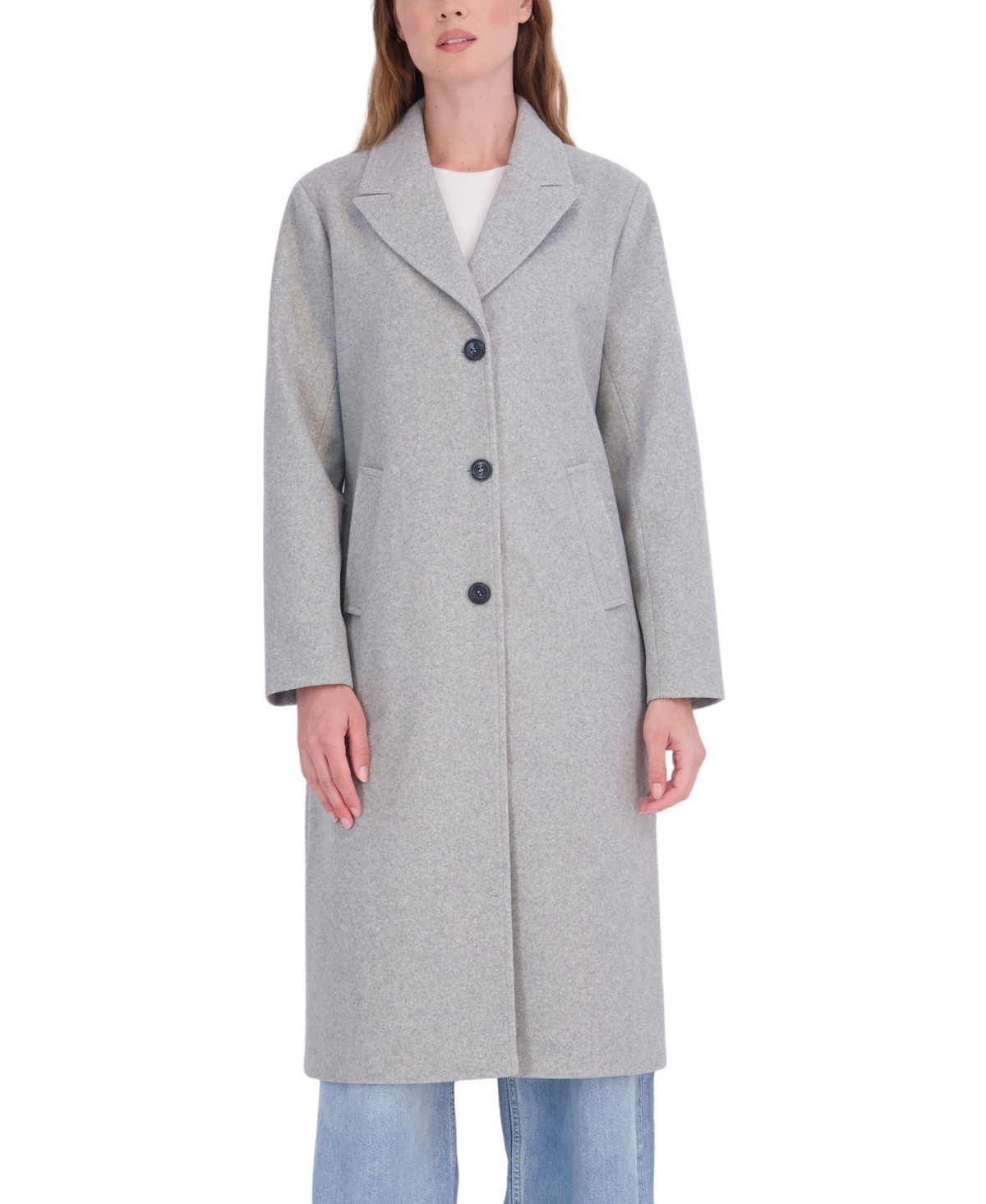 Sebby Collection Women's Long Faux Wool Single Breasted Back Inserted Belt Coat - Light grey