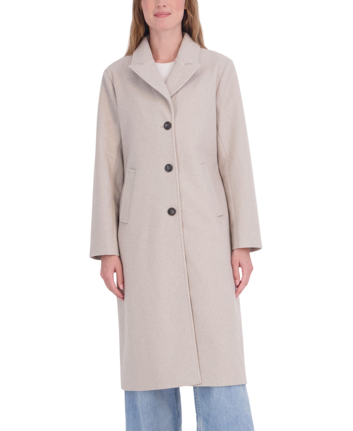 Sebby Collection Women's Long Faux Wool Single Breasted Back Inserted Belt Coat - Oatmeal