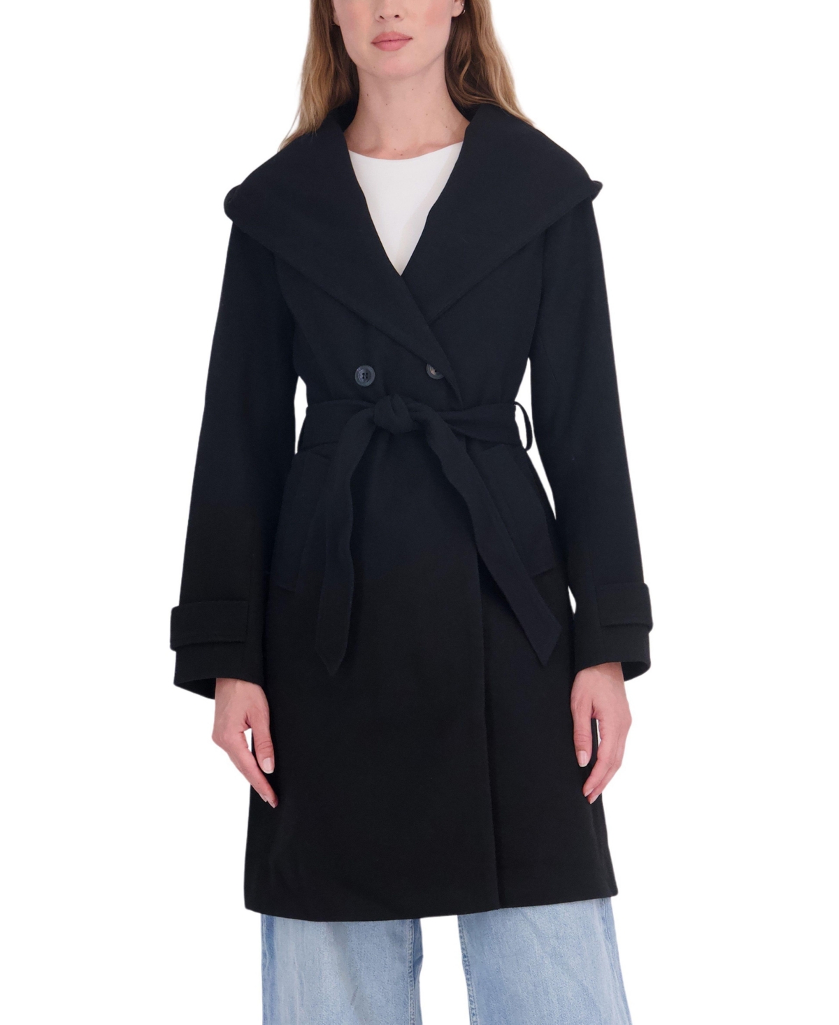 Sebby Collection Women's Long Faux Wool Hooded Belted Double Breasted Coat