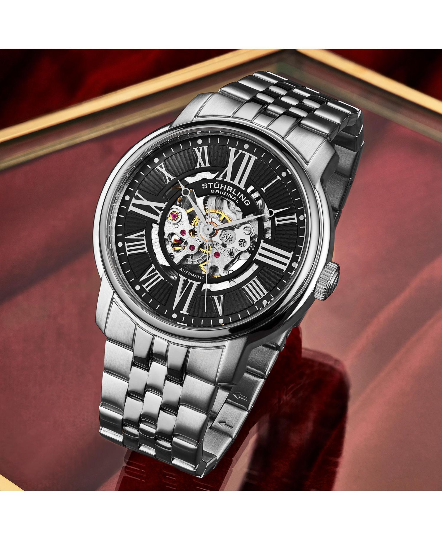 Atrium 4031 Men s Automatic Skeleton Watch - 42mm, Silver-Tone Case & Bracelet, Blue Skeleton Dial with Silver Accents