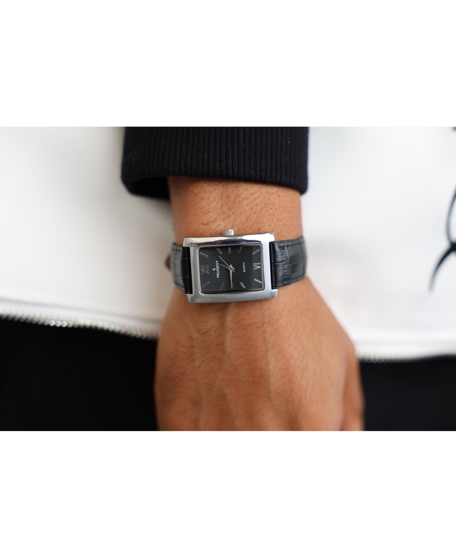 Men's 30X40mm Silver Tank Shape Watch with Black Dial and Black Leather Strap