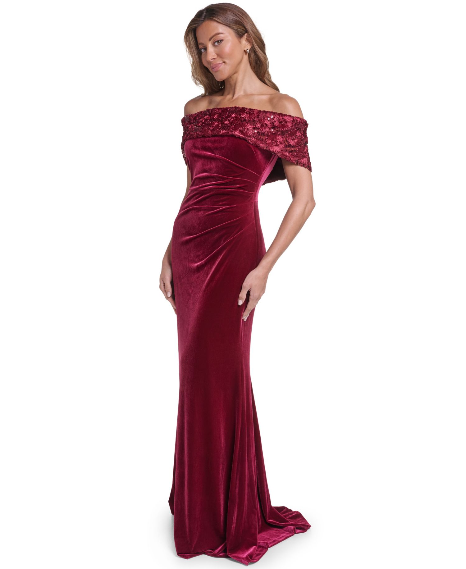 Women's Off the Shoulder Side Tuck Velvet Floral-Applique Sequin Gown