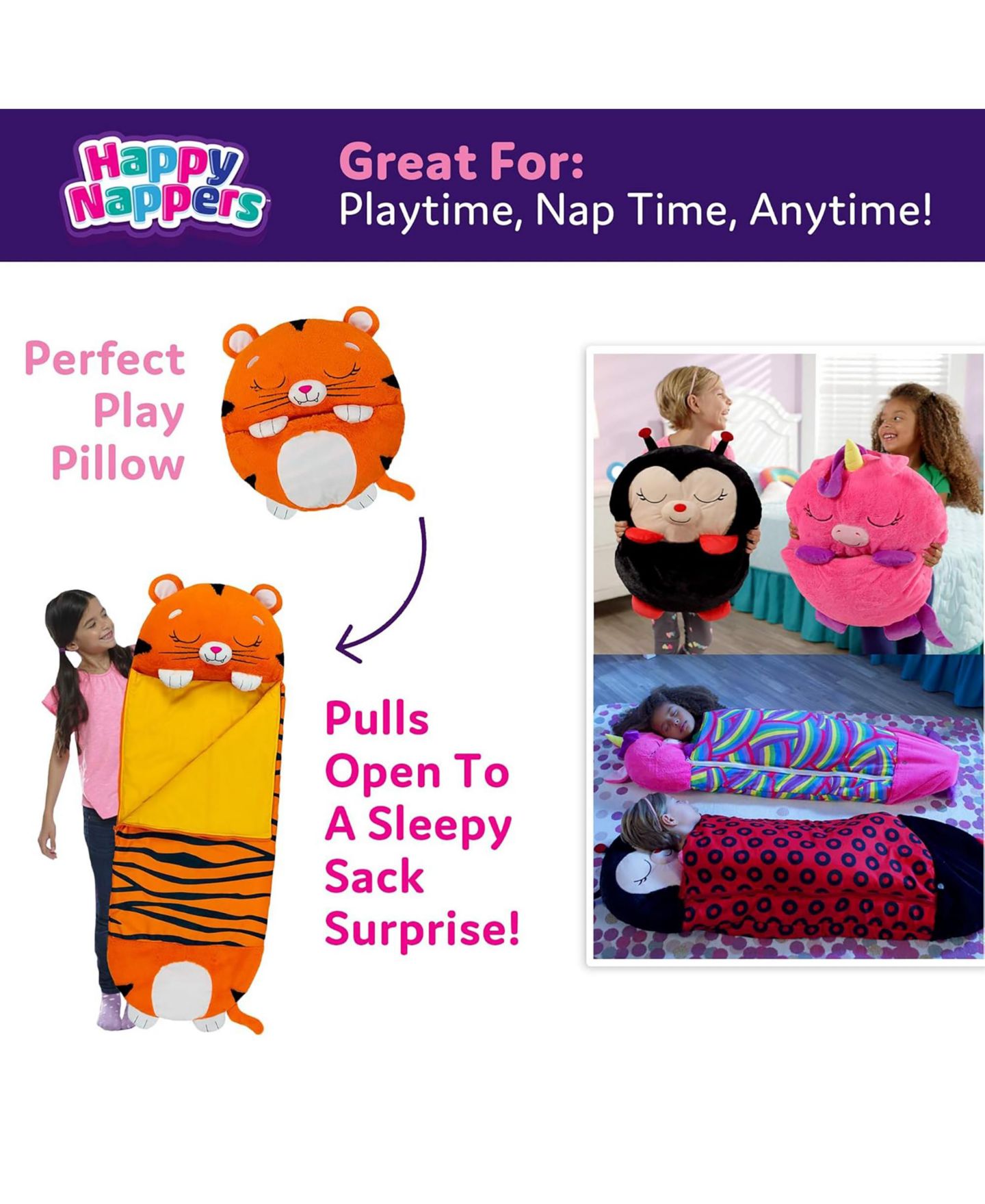 Детские мягкие игрушки Happy Nappers Tiger Tobi Medium Zip-Up Pillow and Sleeping Bag — фото 4