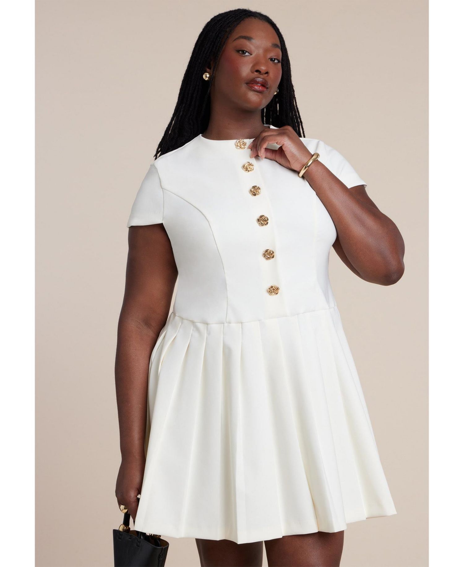 Women's Button Detail Pleated Mini Dress