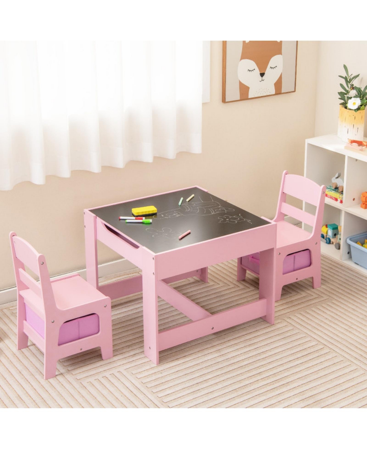 Gouun Kids Activity Table 2 Chairs Set Chalkboard Whiteboard with Storage Boxes
