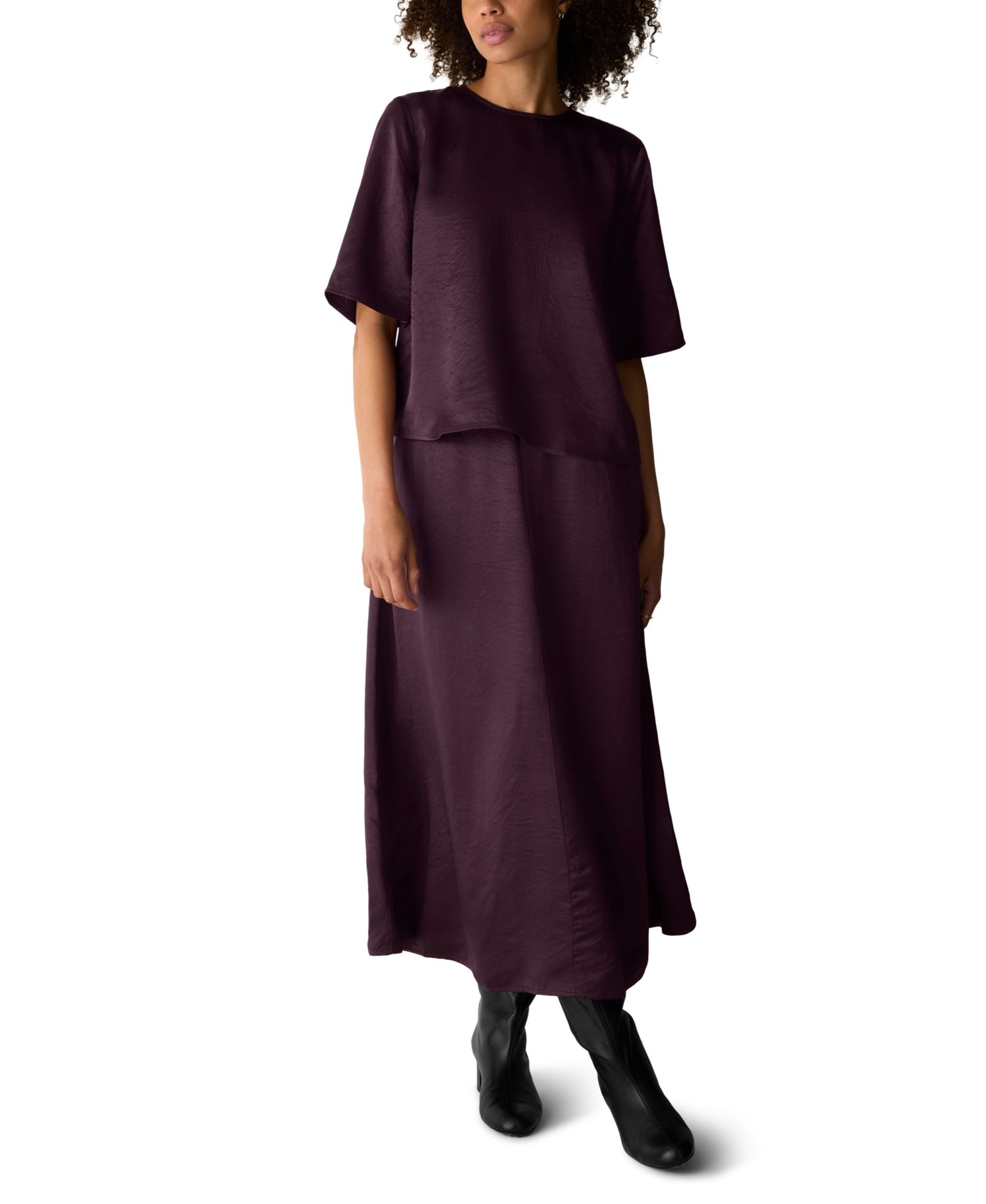 Women's Crewneck Elbow-Sleeve Crinkled-Satin Blouse