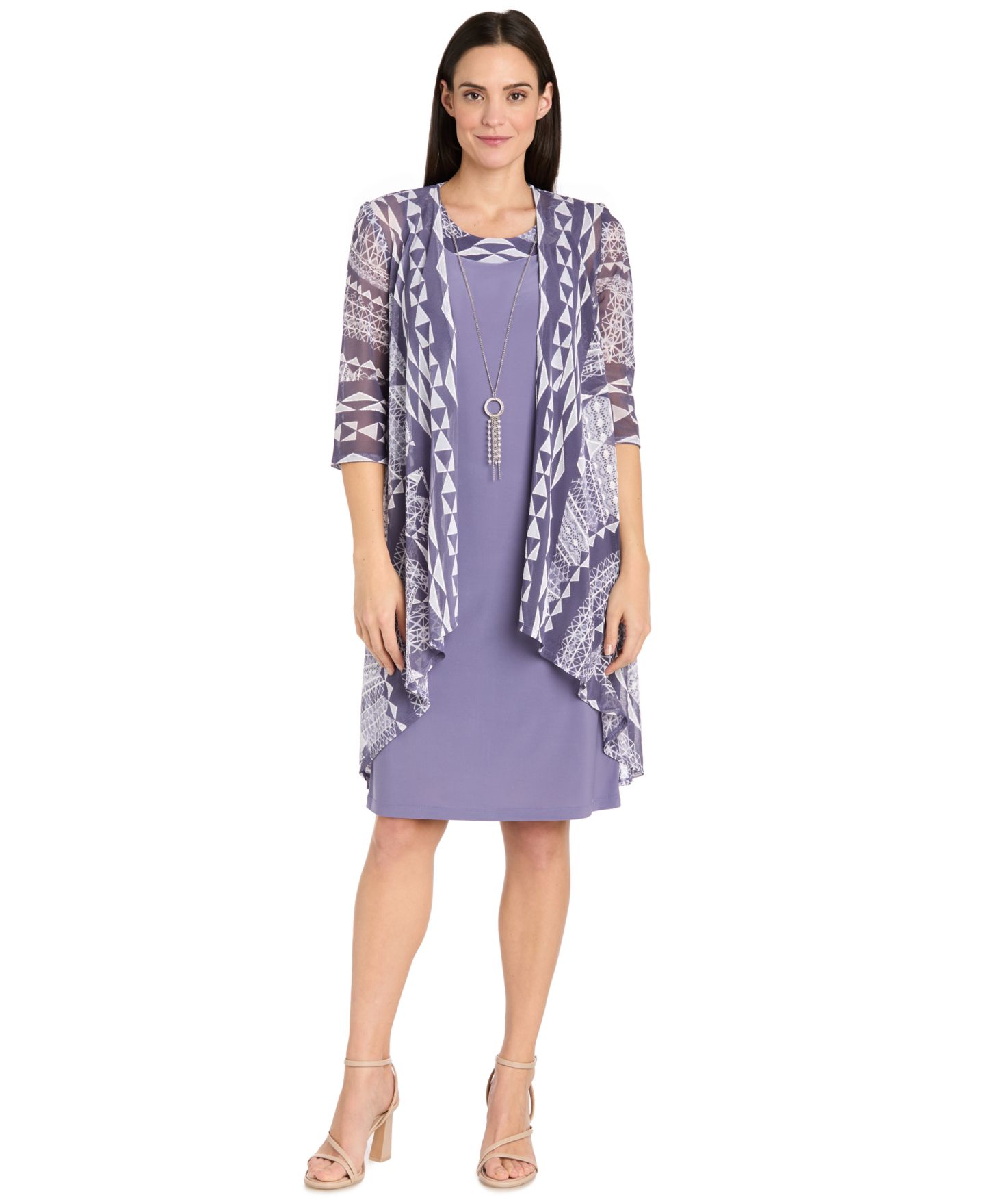 Женские платья R & M Richards Petite Two Piece Printed Scoop Neck Sleeveless A-Line 2-Piece Dress and Jacket, цвет: Лавандовый — фото 1