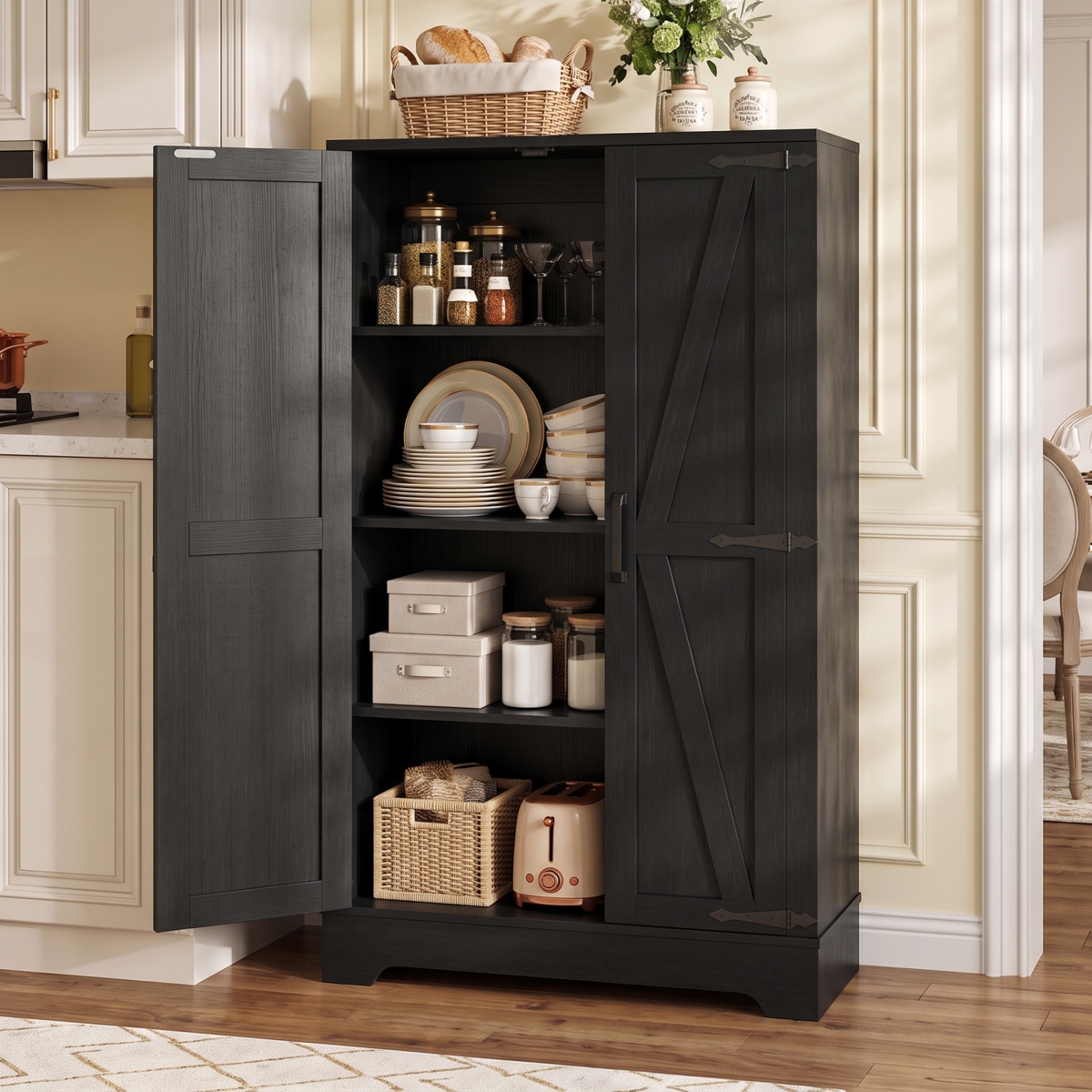 Aheaplus Small Kitchen Pantry Storage Cabinet with Adjustable Shelves and Barn Doors - Black