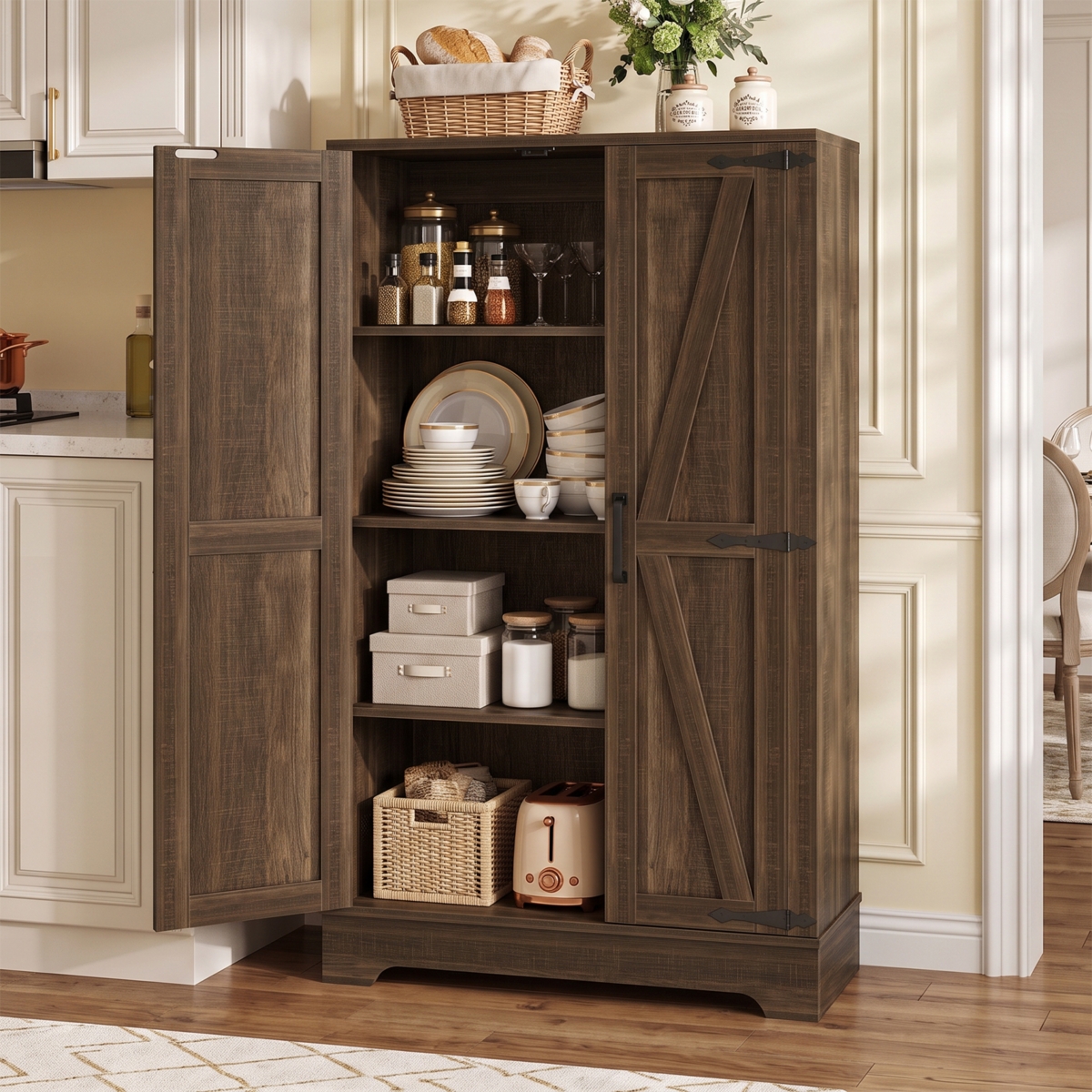 Aheaplus Small Kitchen Pantry Storage Cabinet with Adjustable Shelves and Barn Doors - Brown oak