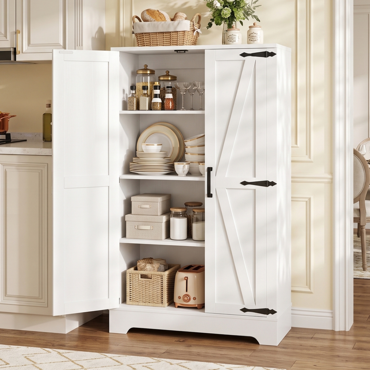 Aheaplus Small Kitchen Pantry Storage Cabinet with Adjustable Shelves and Barn Doors - White