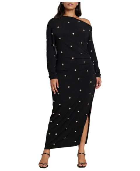 Женское платье ELOQUII Plus Size Draped Hardware One-Shoulder Long-Sleeve Maxi, цвет: Чёрный оникс